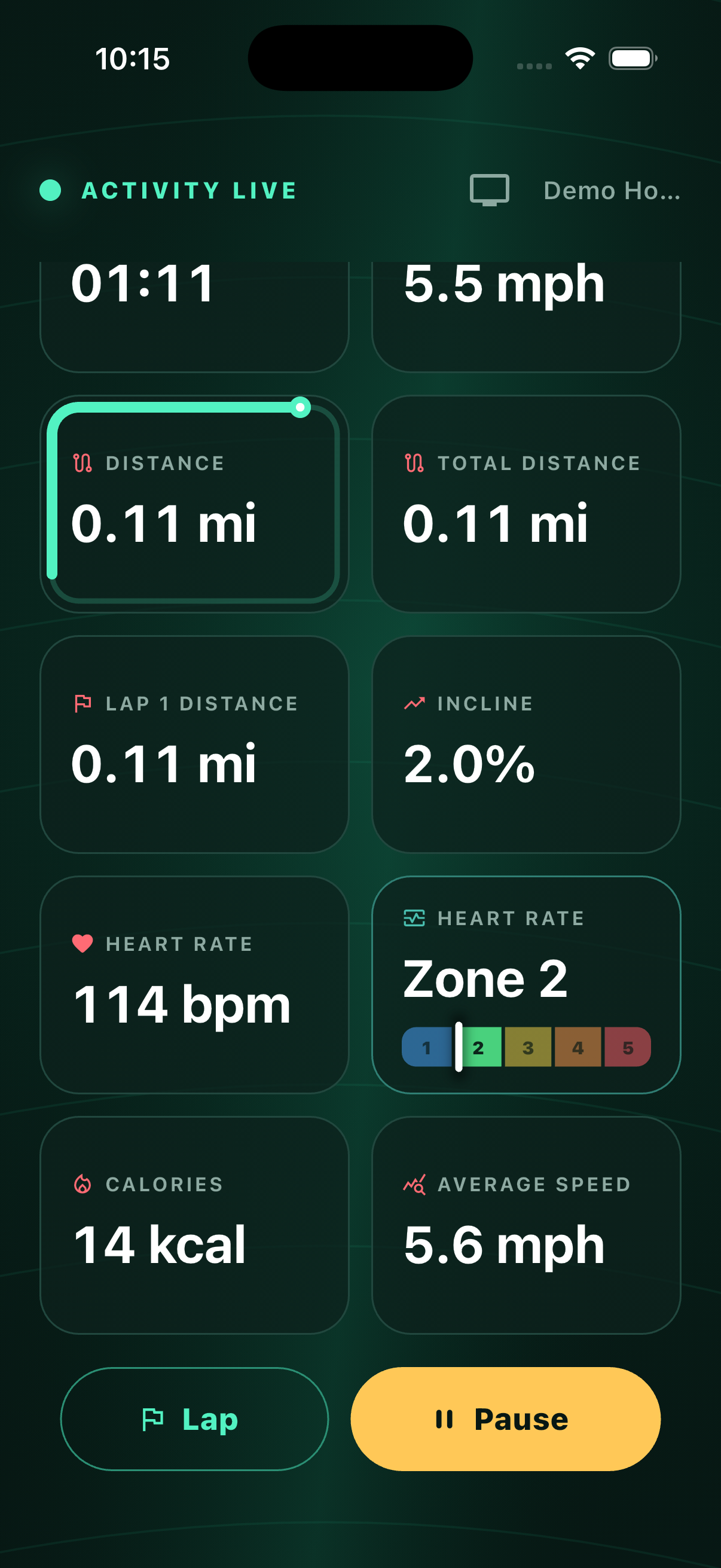 TreadSimple Activity View showing live treadmill, heart-rate zone, calorie, and lap metrics